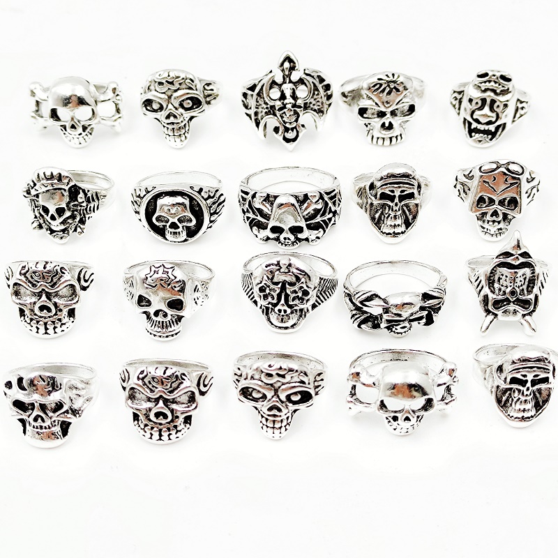 Vintage Punk Skull Skeleton Rings Mix Style Silver Plated Gothic Jewelry Lot